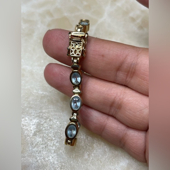 Oval cut Aquamarine Gold tone 925 tennis Bracelet 8” - Picture 5 of 7